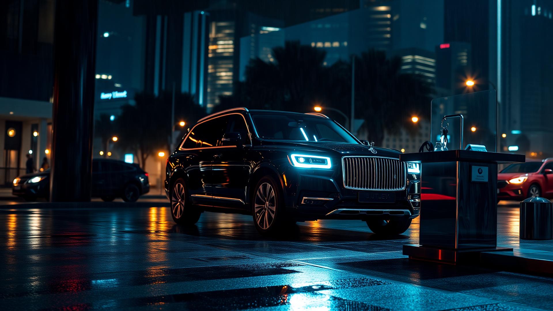 Luxury vehicle arriving at a valet stand at night